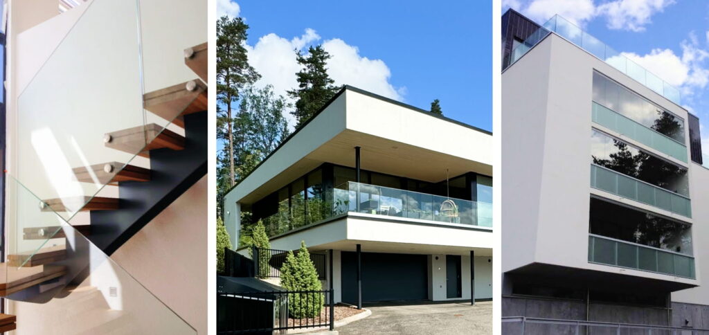 Lasikaide portaissa ja lasikaiteet parvekkeella